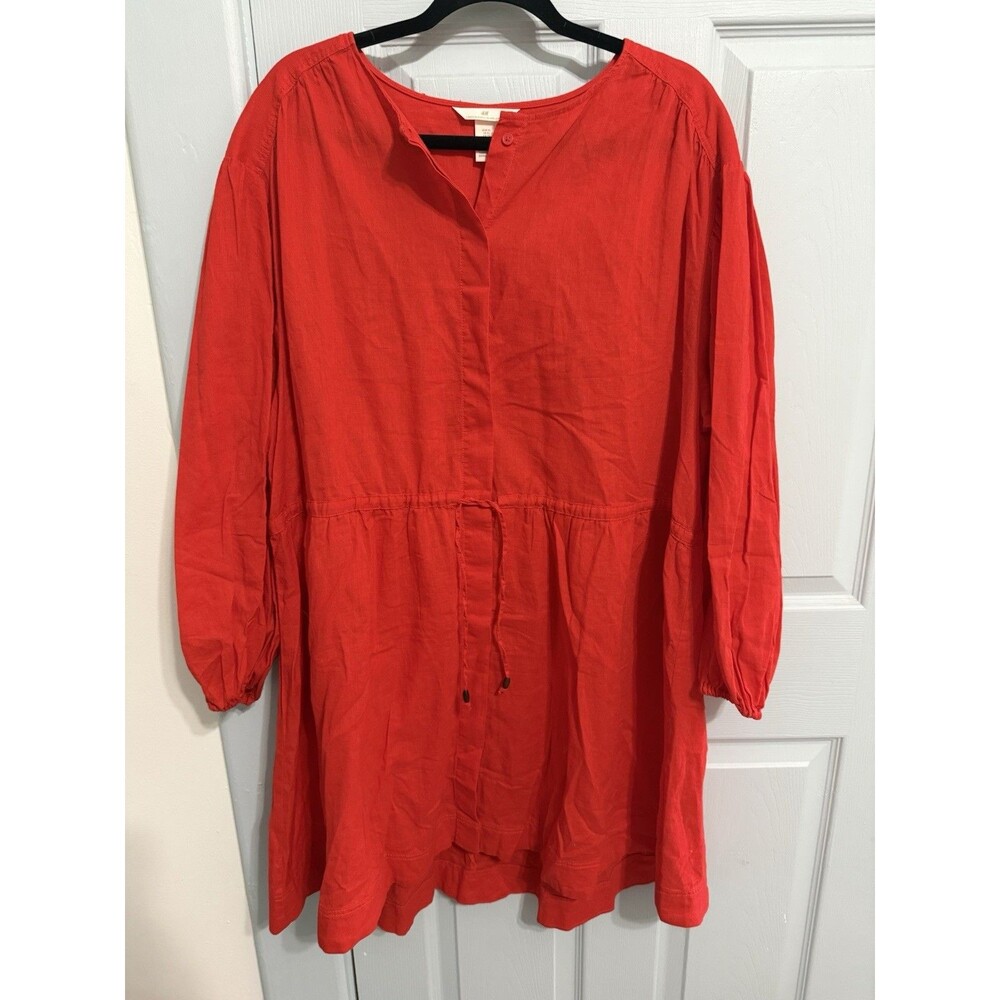 H&M Red Linen Cotton Blend Button Front V-Neck Long Sleeve Dress Size XL